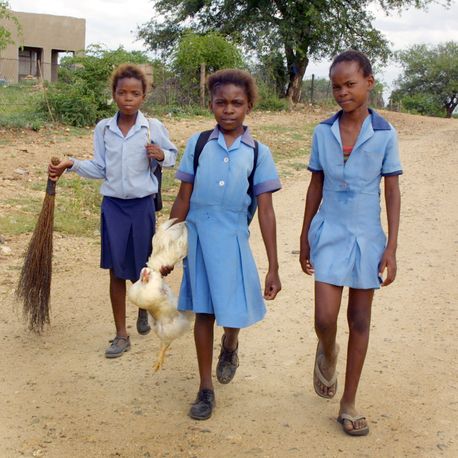 Child carrying chicken, Nkomazi, South Africa